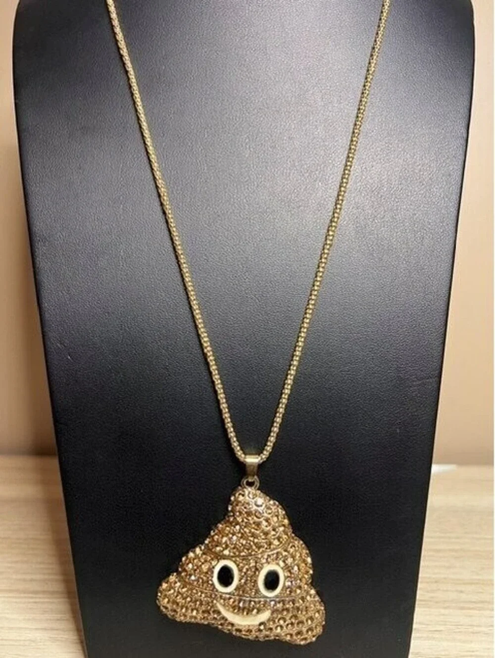 B6652 Betsey Johnson Poop Emoji Pendant Necklace Rhinestone Gold Tone 24